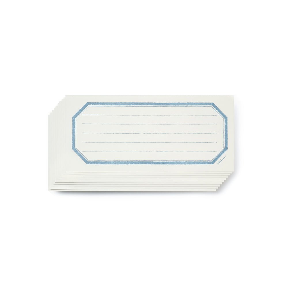Stack of white cards with blue border on a white background