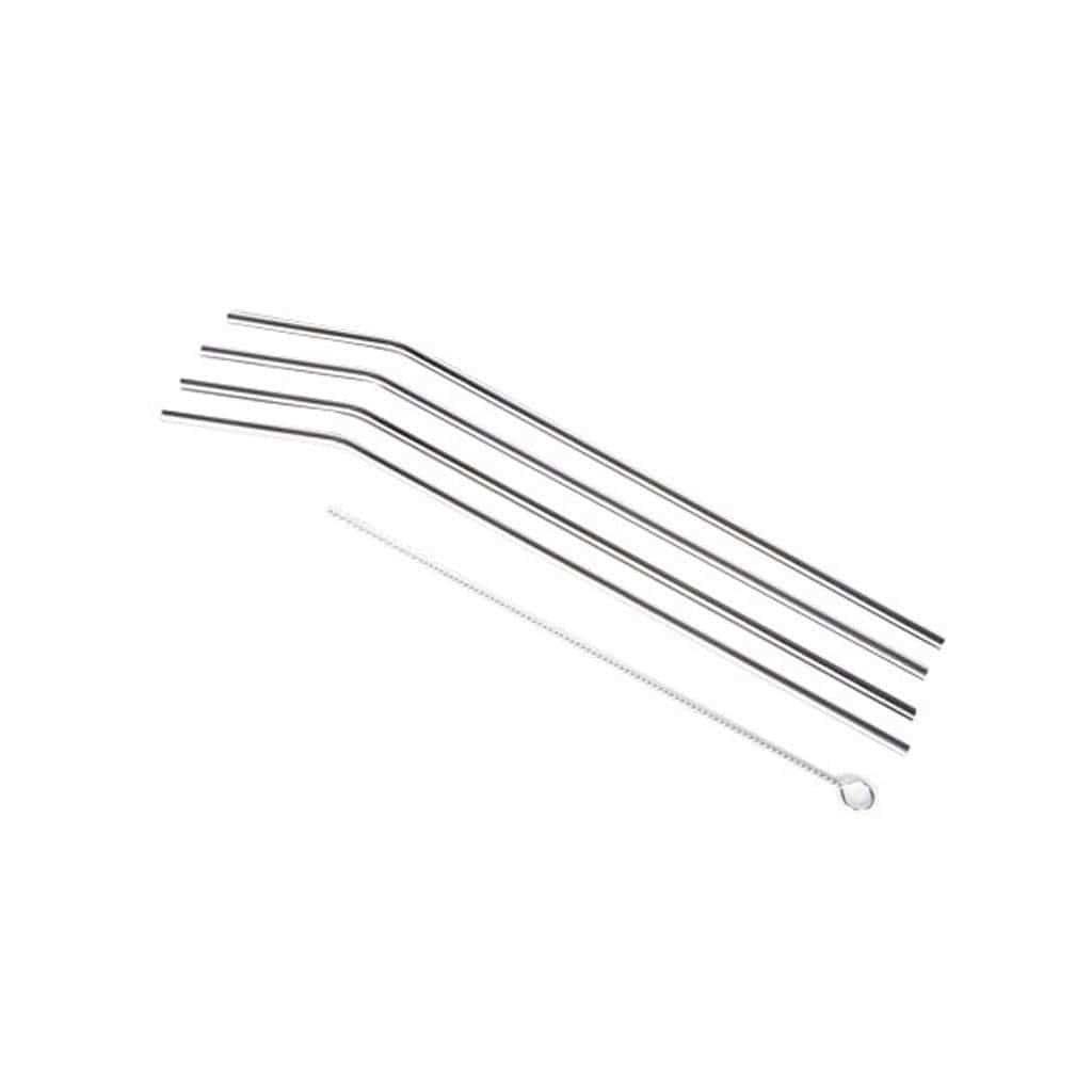 A set of four stainless steel straws alongside a cleaning brush, all laid out on a white surface.