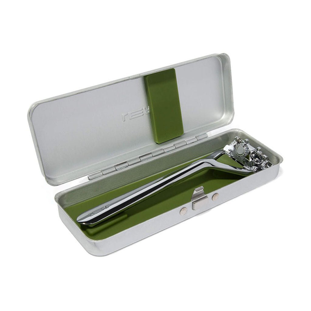 Silver aluminum Leaf razor travel case open with razor inside on white background