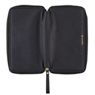 Black zippered fabric case open for Hobonichi Techo Weeks on white background