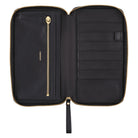 Black zippered fabric case open for Hobonichi Techo Weeks on white background