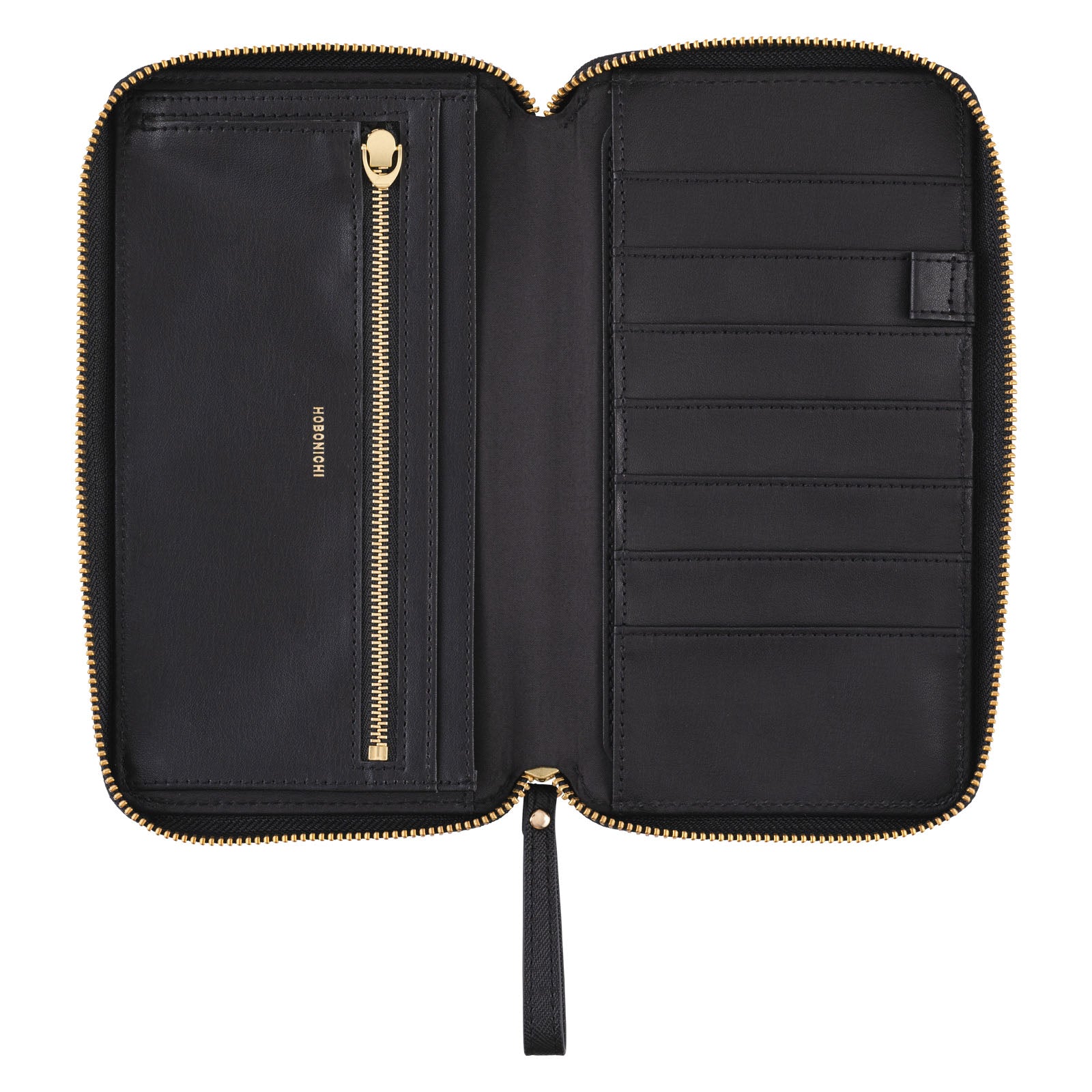Black zippered fabric case open for Hobonichi Techo Weeks on white background