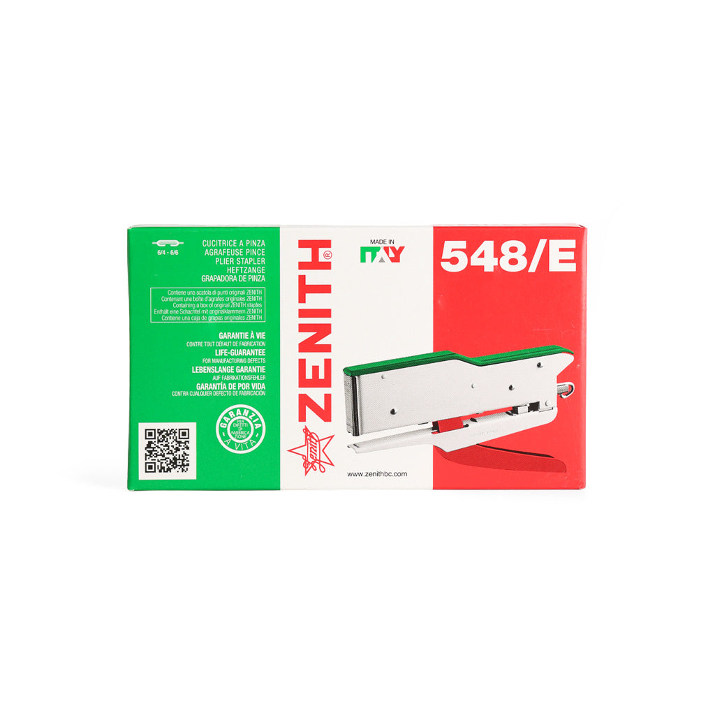 Zenith 548/E stapler packaging with green, white, and red colors on a white background