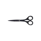 Black stainless steel scissors with black-rimmed finger loops on a white background.
