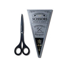 Black stainless steel scissors shown next to their triangular silver-gray branded packaging label on a plain white background.