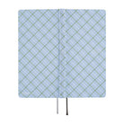 The exterior of a 2027 fabric-covered planner with a simple blue, white, and green plaid pattern across the cover.
