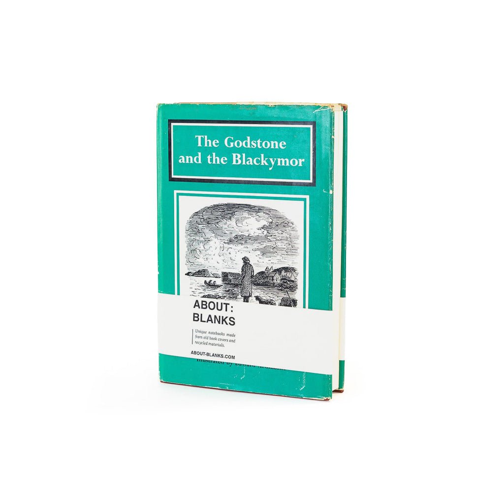 A vintage hardcover book titled 'The Godstone and the Blackymor' with a teal-green and white cover, standing upright on a white background.