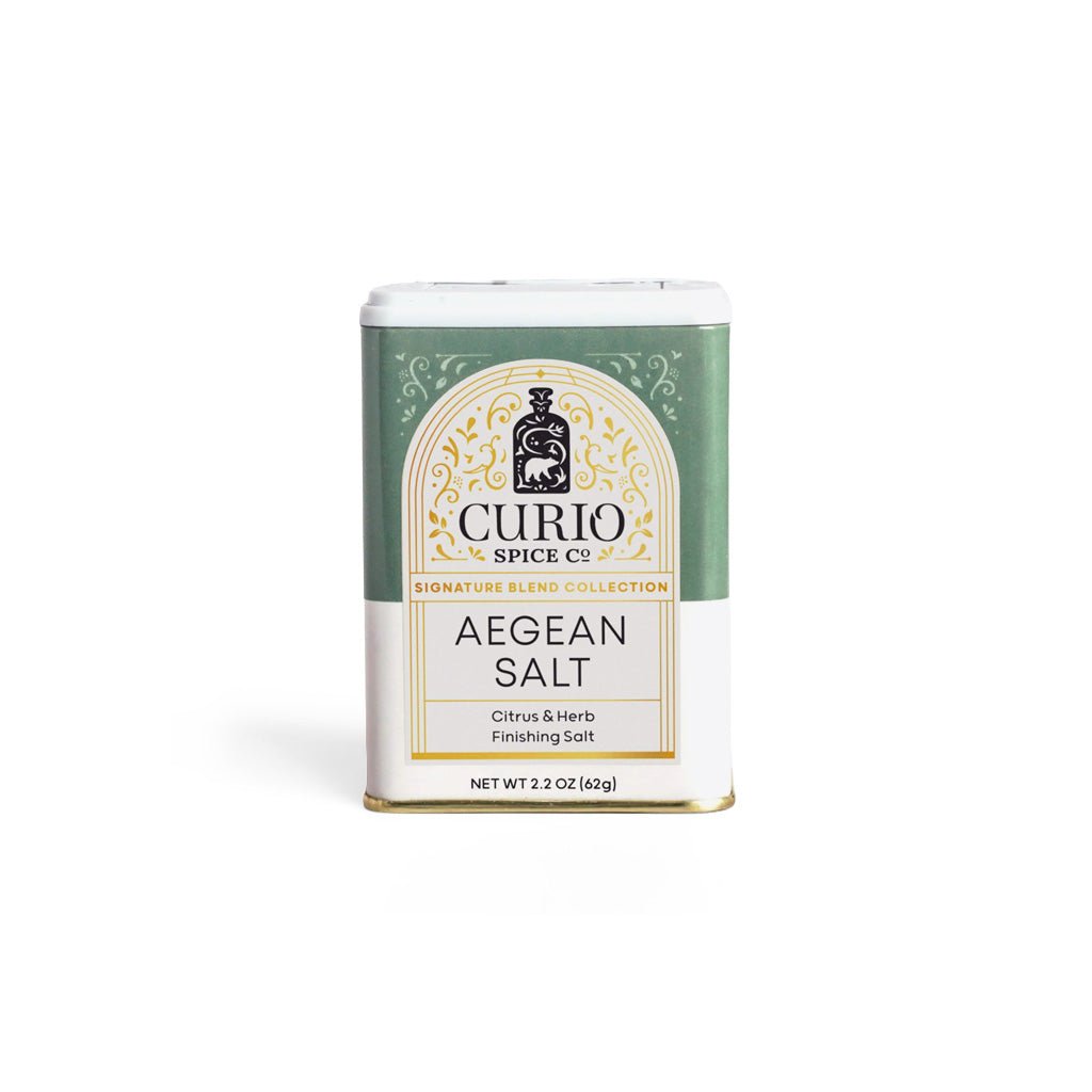 Curio Spice Co Aegean Salt spice blend tin on a white background