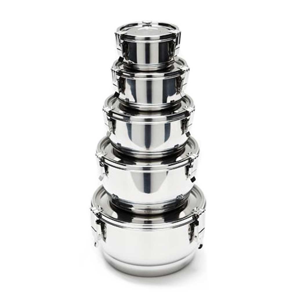 Set of stainless steel nesting bowls on a white background