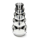 Set of stainless steel nesting bowls on a white background