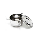 Stainless steel container open with lid on white background