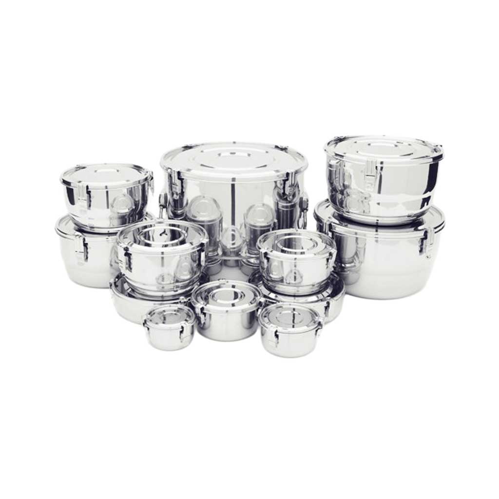 Set of stainless steel kitchen containers on a white background
