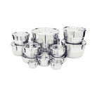 Set of stainless steel kitchen containers on a white background