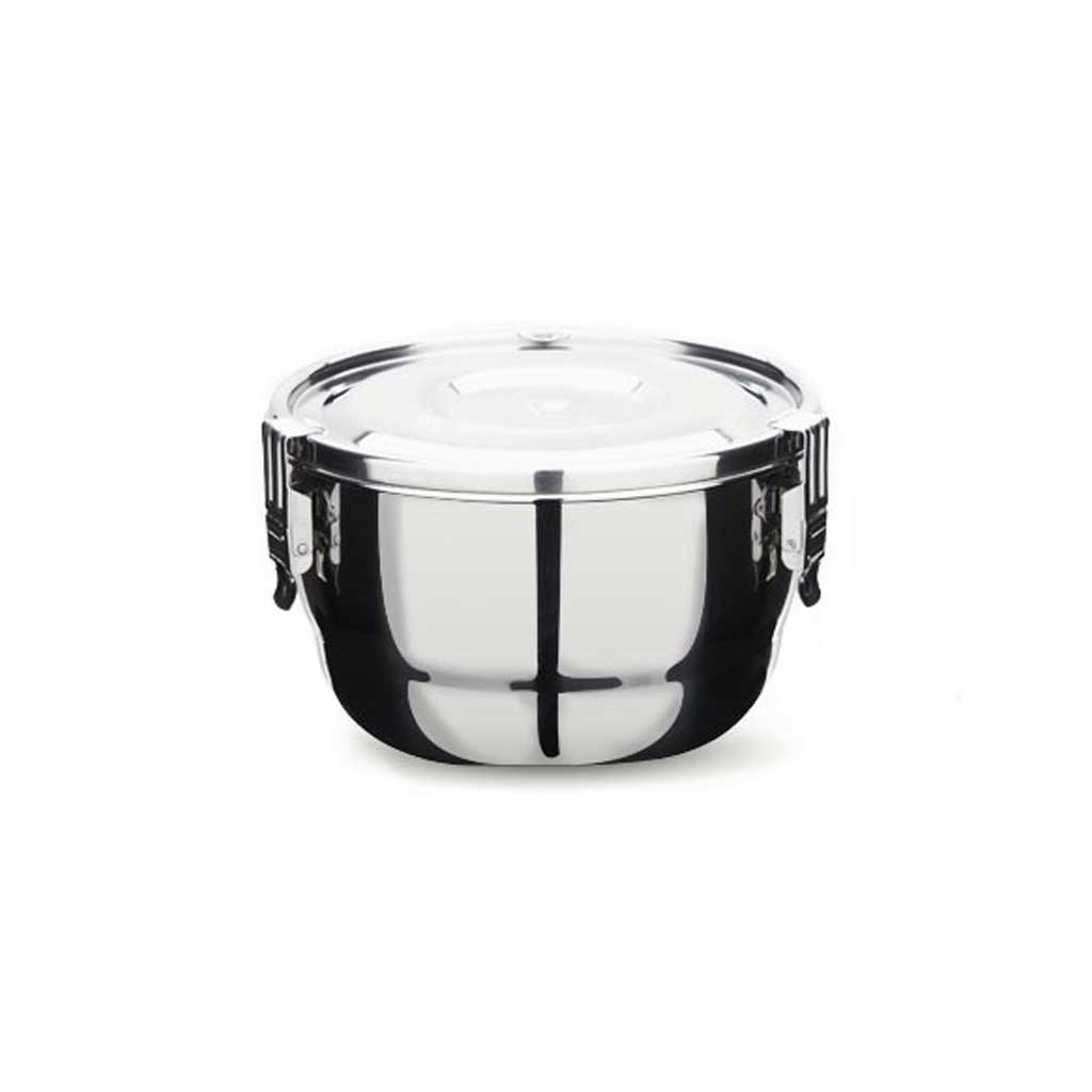 12cm Stainless steel lunch box with lid on a white background