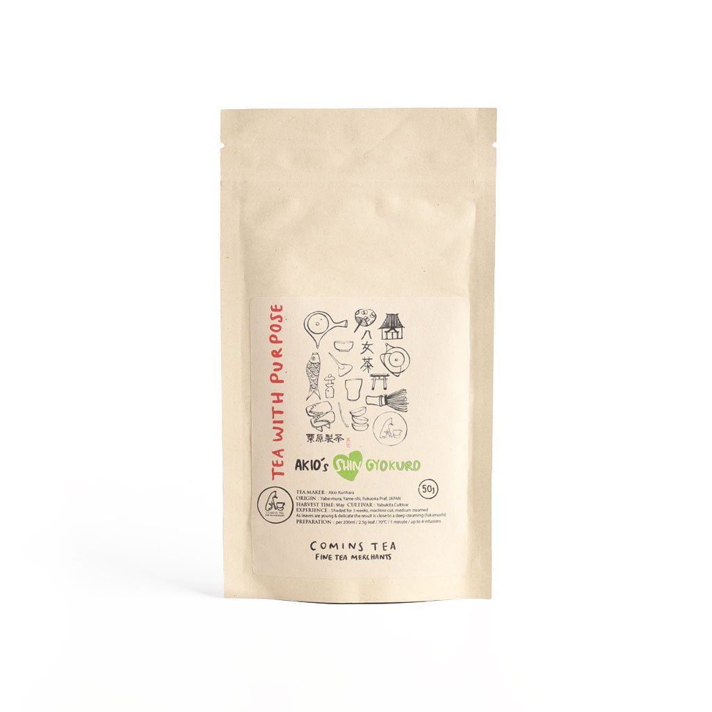 Kraft bag of Akio's Shin Gyokuro green tea on white background