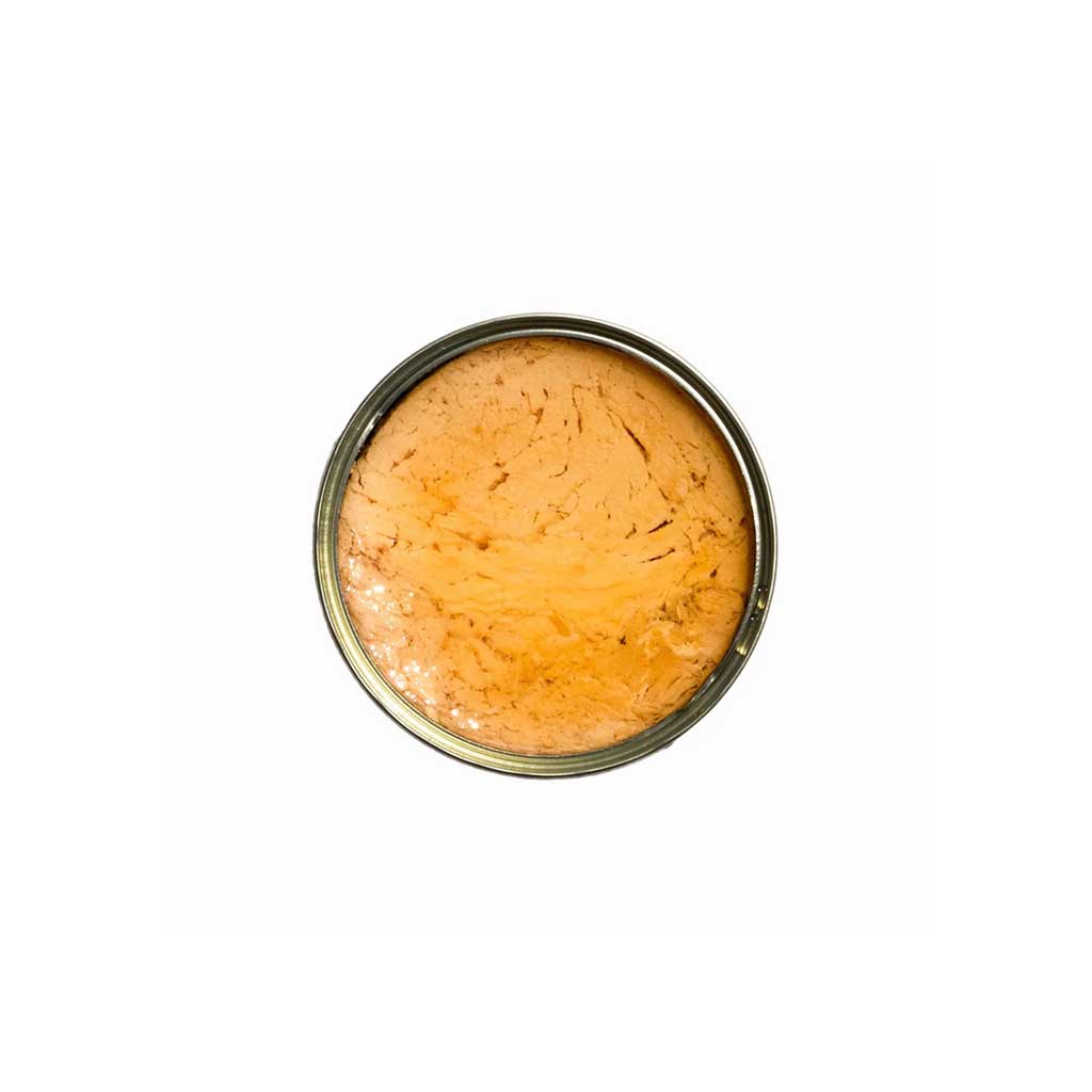 Open can of tinned Fishwife albacore tuna with Spanish lemon on white background