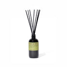Geranium moss reed diffuser bottle with black reeds on white background