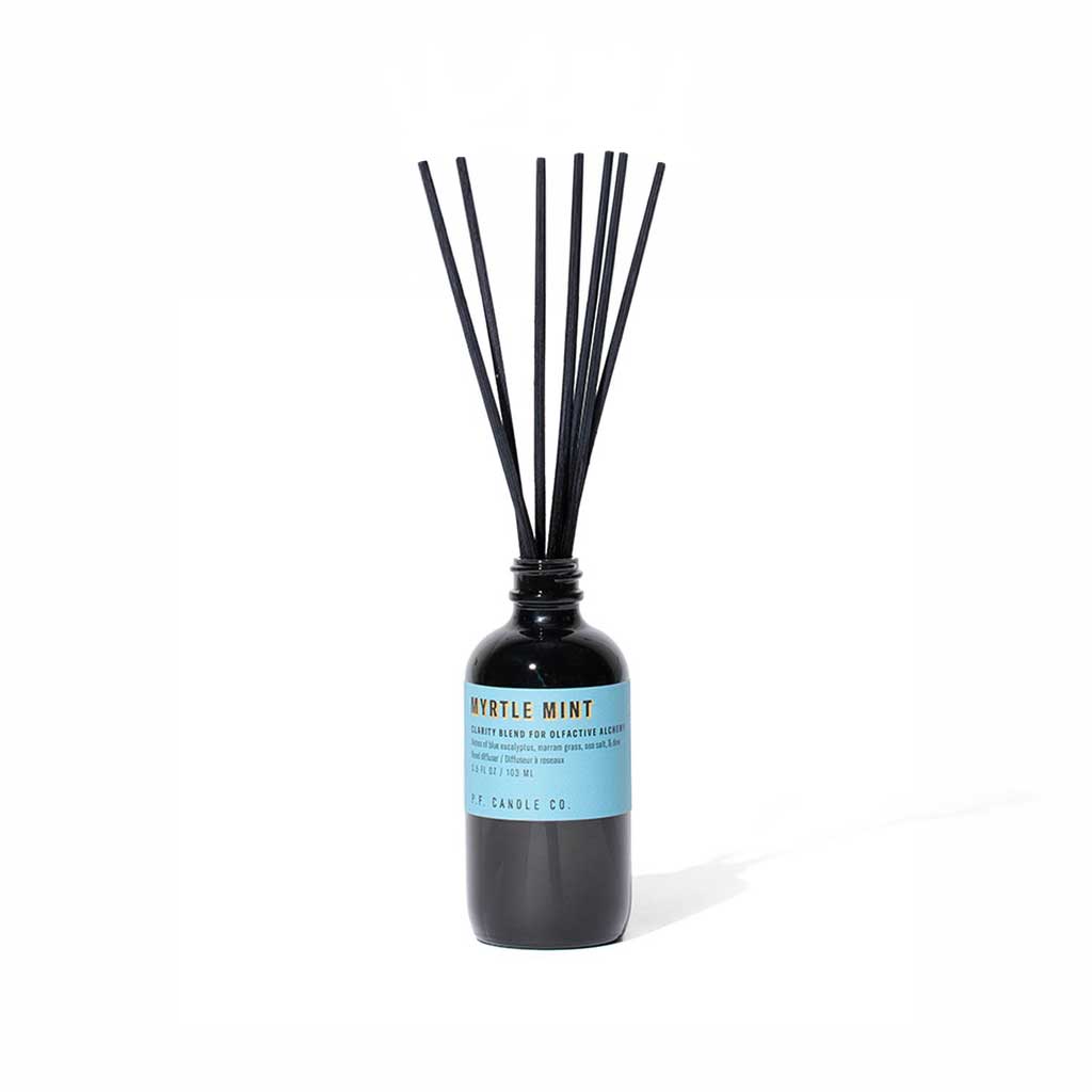 Myrtle mint reed diffuser bottle with black reeds on white background