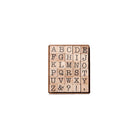 Set of 30 wooden stamps with uppercase letters and symbols in packaging on white background