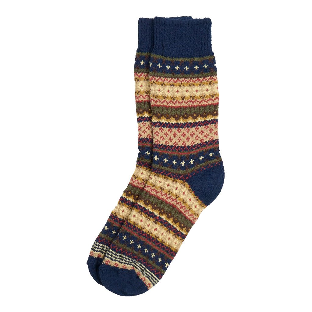 A pair of navy and yellow cotton fair isle socks.