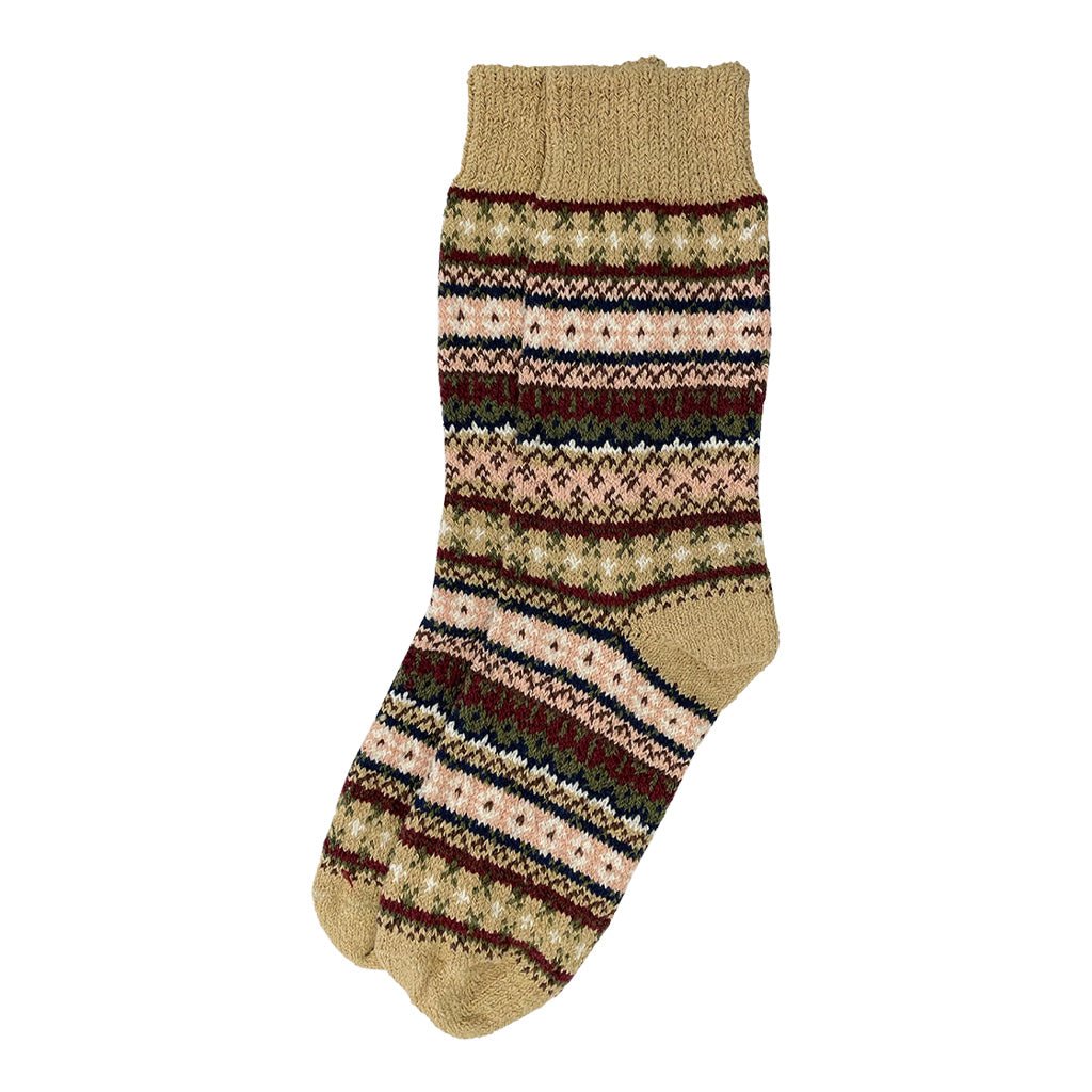 Knit crew socks with a multicolor Fair Isle pattern in beige, brown, pink, and green.