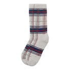 A pair of crew socks with a light gray heather base and a plaid pattern featuring navy blue, red, and thin white stripes, shown on a plain white background.