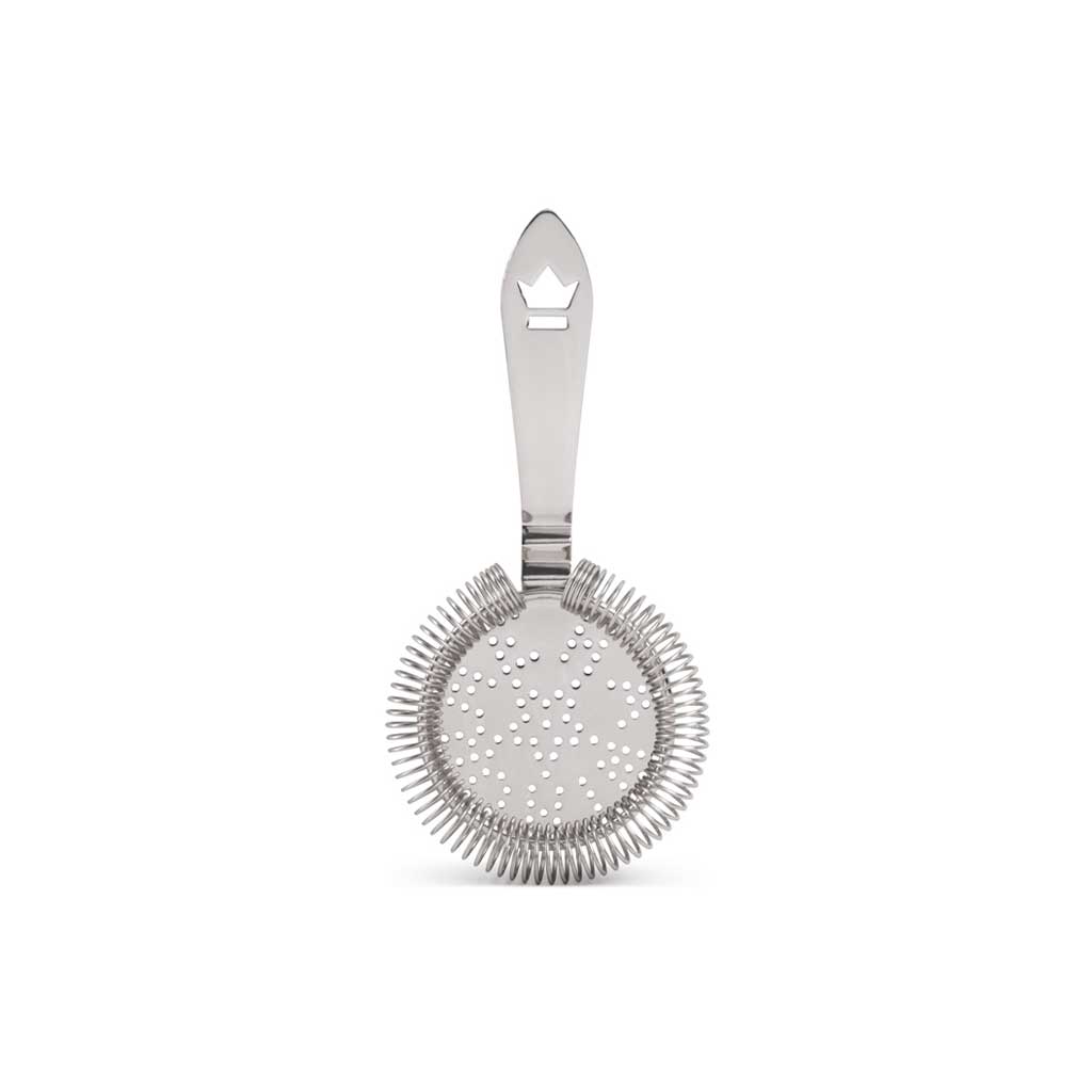 Stainless steel Hawthorne-style cocktail strainer upright on white background