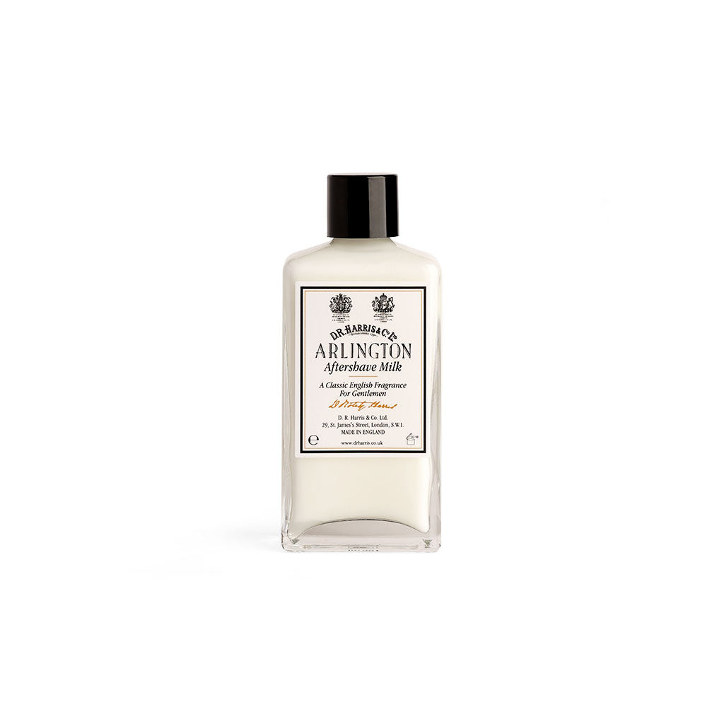 D.R. Harris Arlington aftershave milk in a glass bottle with a black top