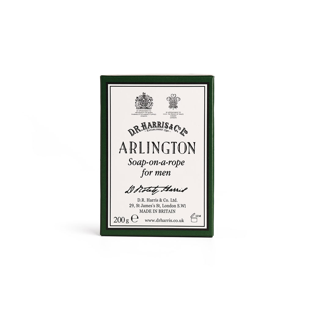 Box of Arlington soap on a rope on a white background