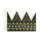 Back of die-cut holiday greeting card crown with text bah humbug