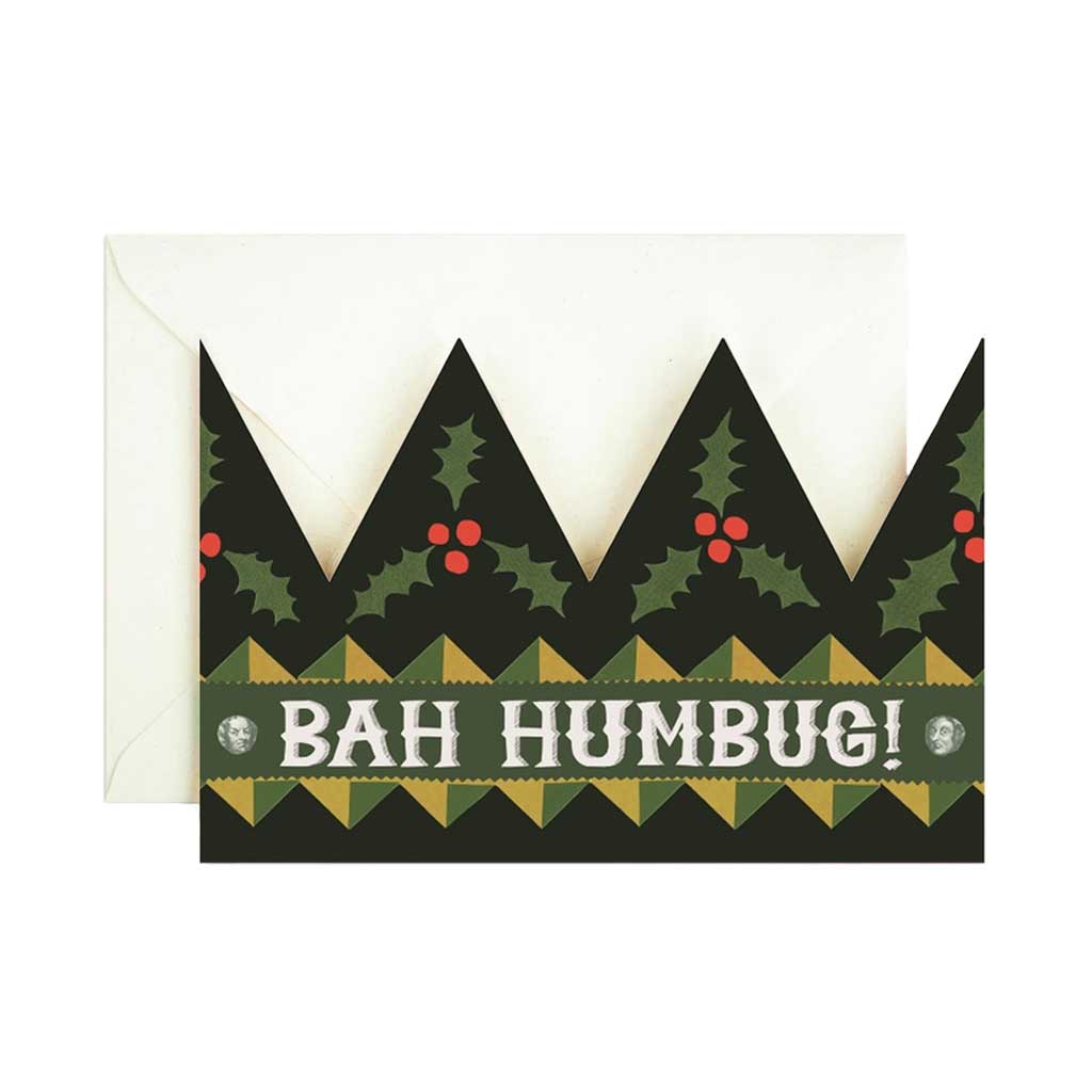 Die-cut holiday greeting card crown with text bah humbug