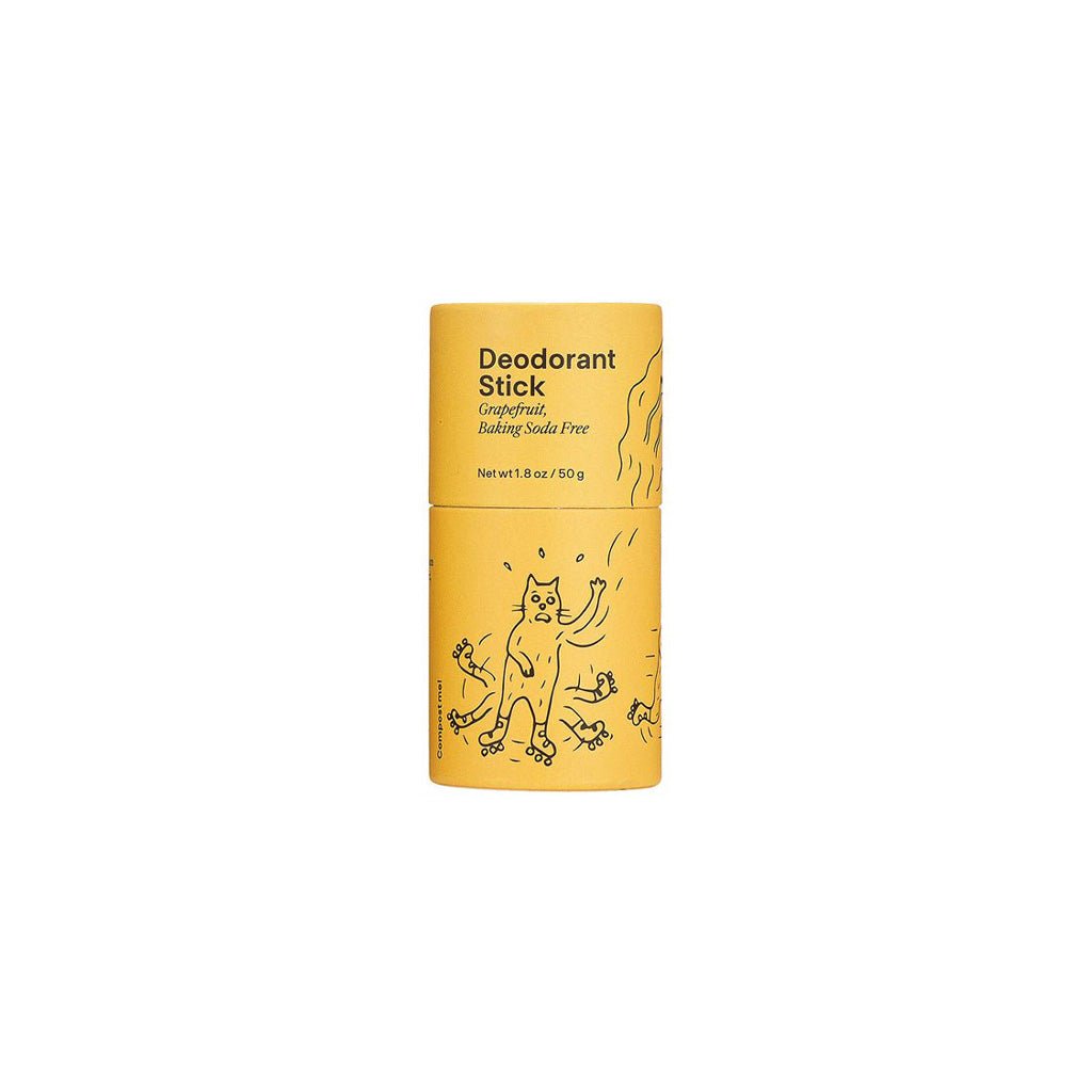 Yellow baking soda free deodorant stick packaging with black illustrations on a white background