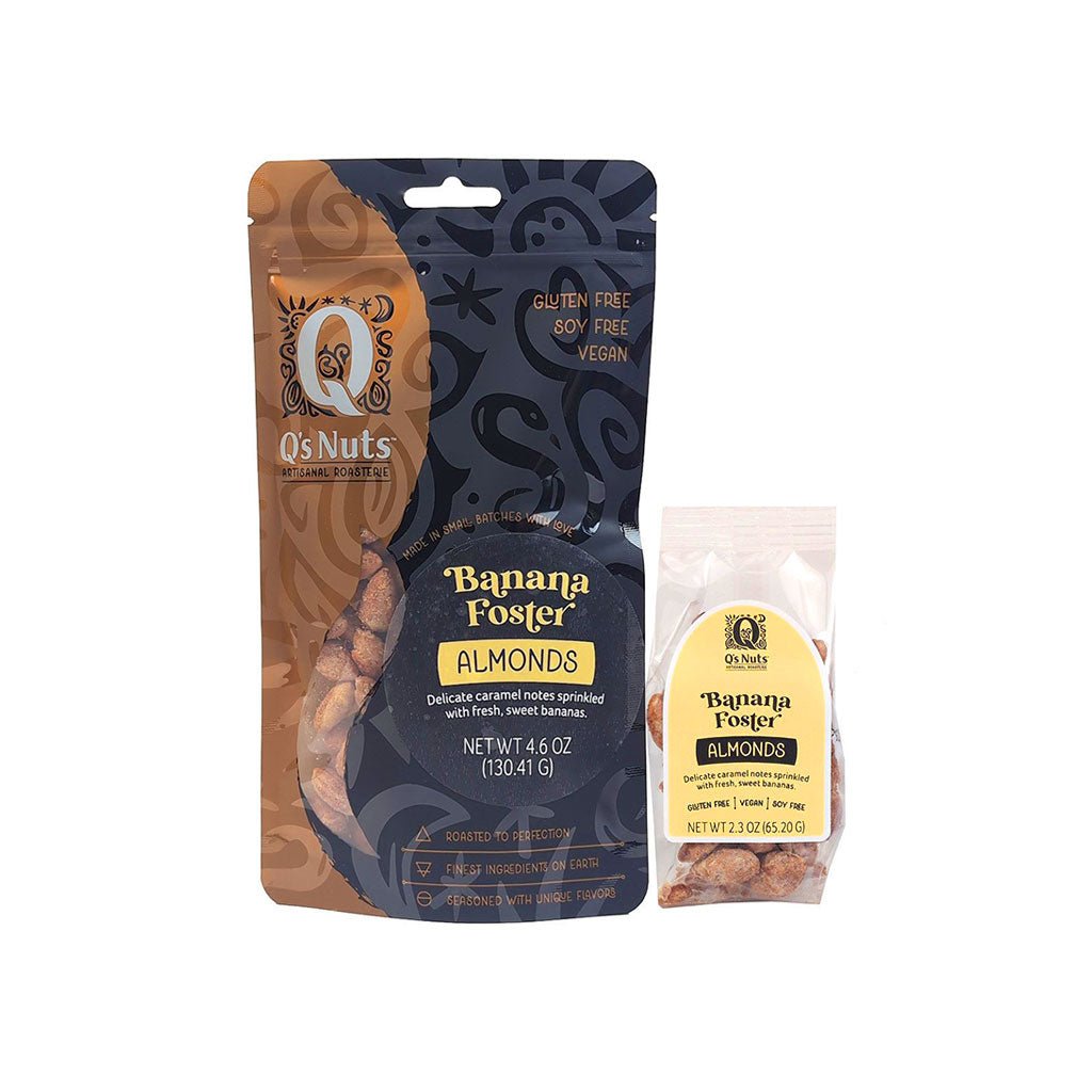 Q's Banana Foster Almonds, shown in a large branded bag and a smaller cellophane bag with label. 