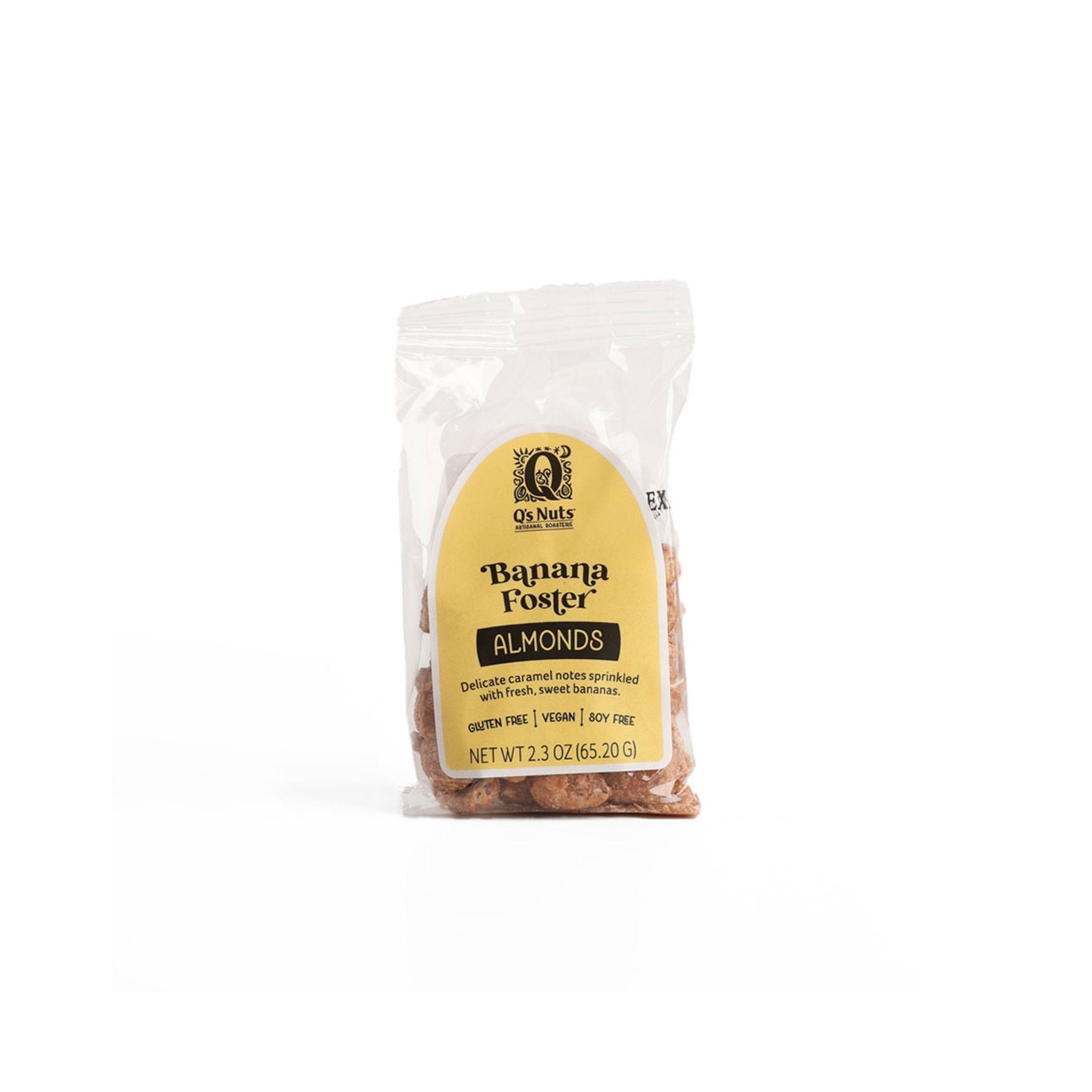 Packaging of banana foster almonds on white background
