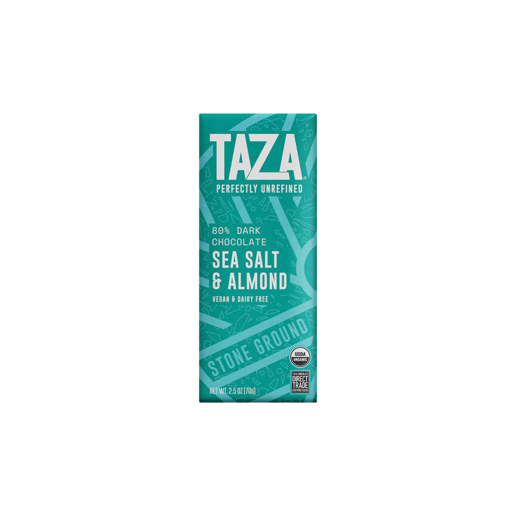 Taza Sea Salt & Almond chocolate bar packaging with teal design on a white background
