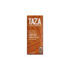 Taza Toffee almond and sea salt chocolate bar packaging with orange and white design on a white background