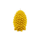 A large bright yellow candle shaped like a pine cone, featuring textured, layered scales and a single wick at the top, isolated on a solid white background.