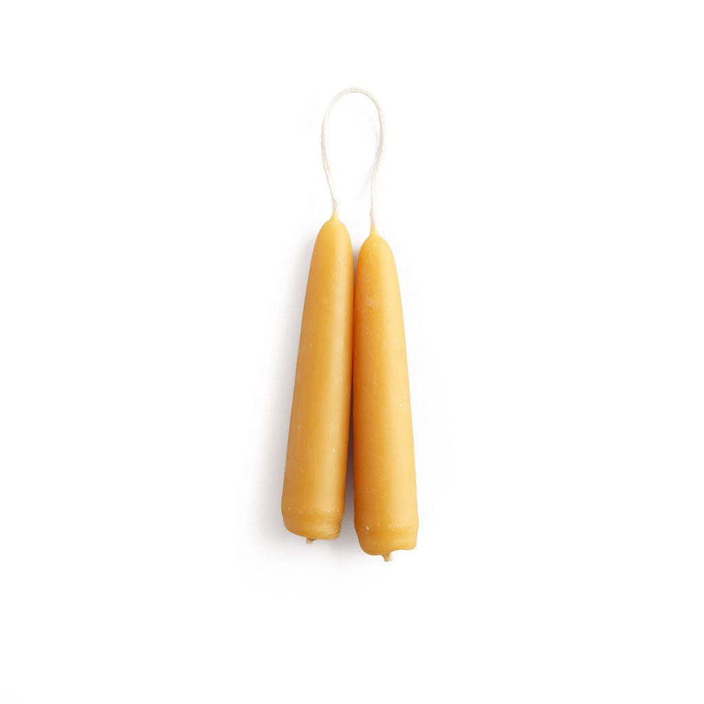 A set of two short beeswax candles on white background