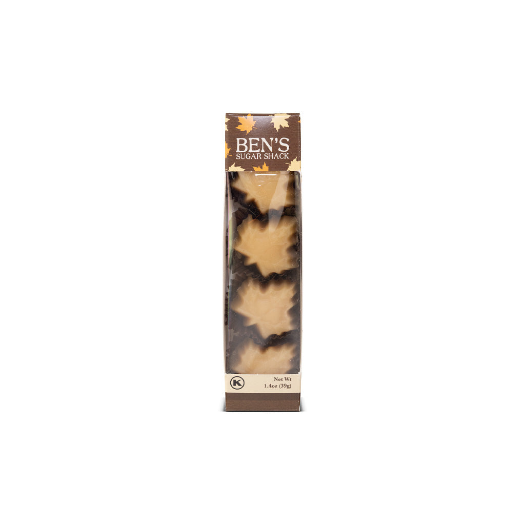 Box of four maple candies in packaging.