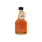 Glass jug of New England Maple Syrup with handle and black cap.