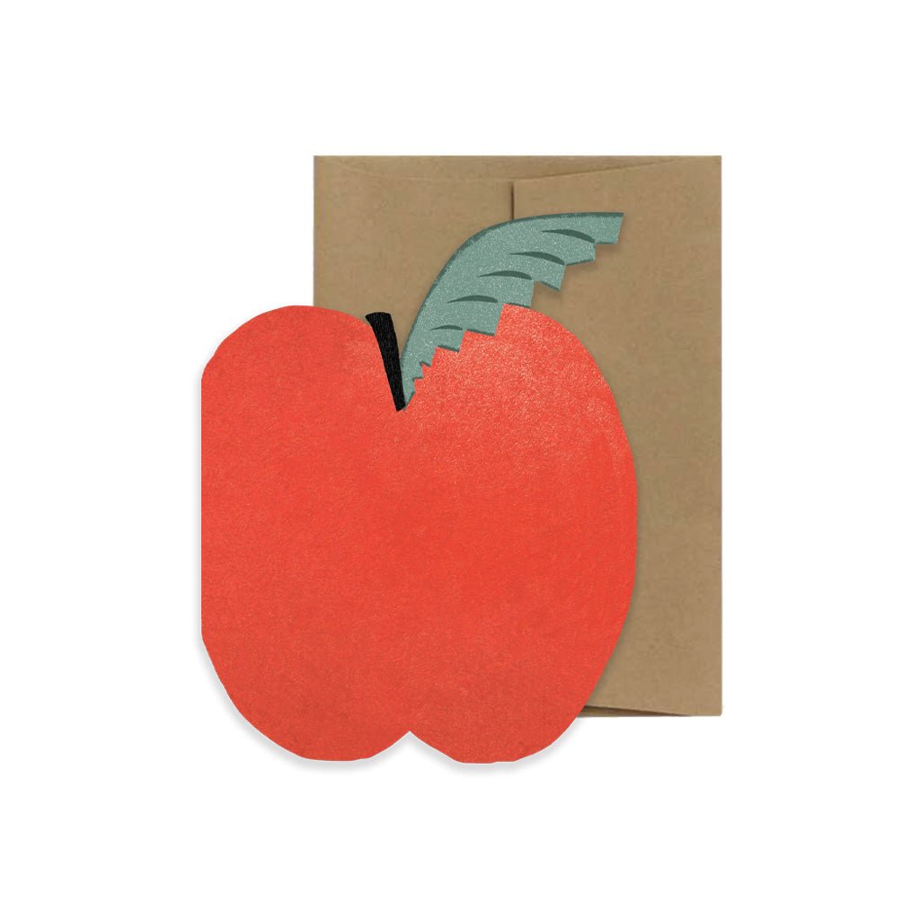 Card shaped like a red apple with a brown envelope on a white background