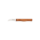 Curved carbon steel paring knife with cherrywood handle on white background