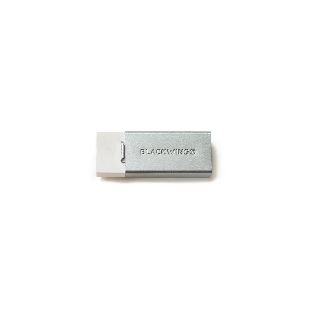 White eraser in silver holder with Blackwing branding on white background
