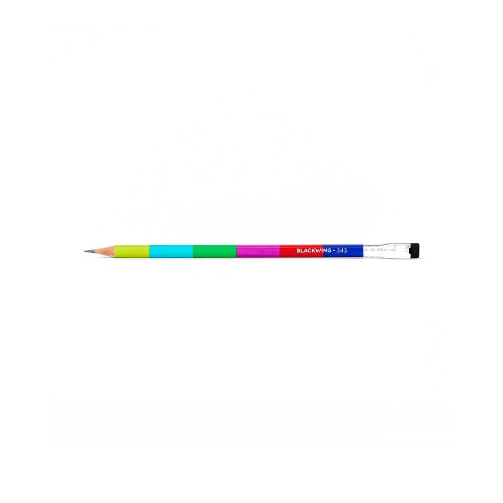 Single Blackwing 343 pencil with tv color block design and black eraser on white background