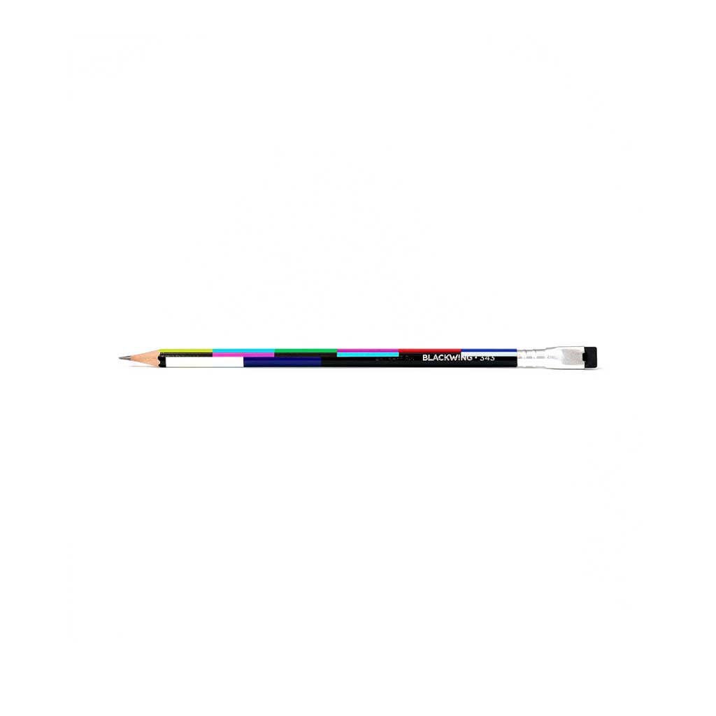 Single Blackwing 343 pencil with tv color block design and black eraser on white background
