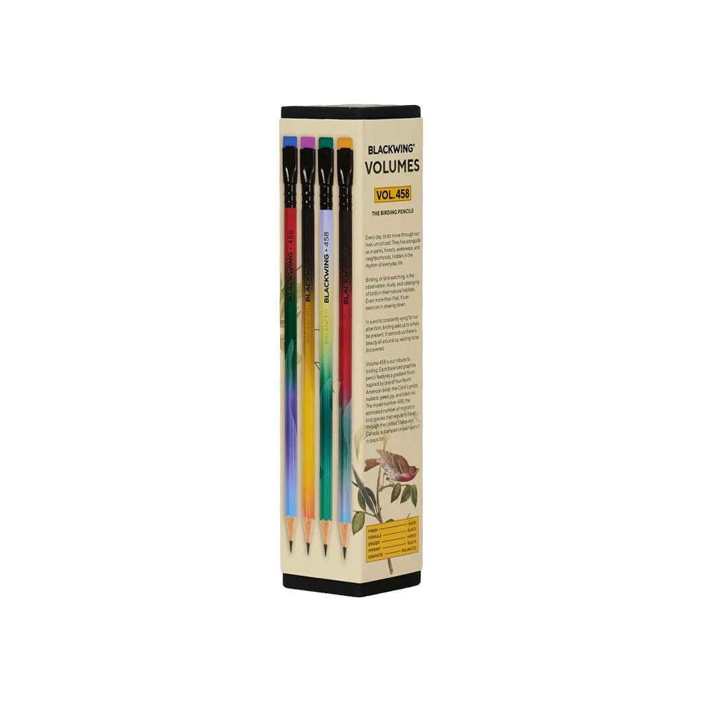 Box of Blackwing volume 458 pencils with bird designs on white background