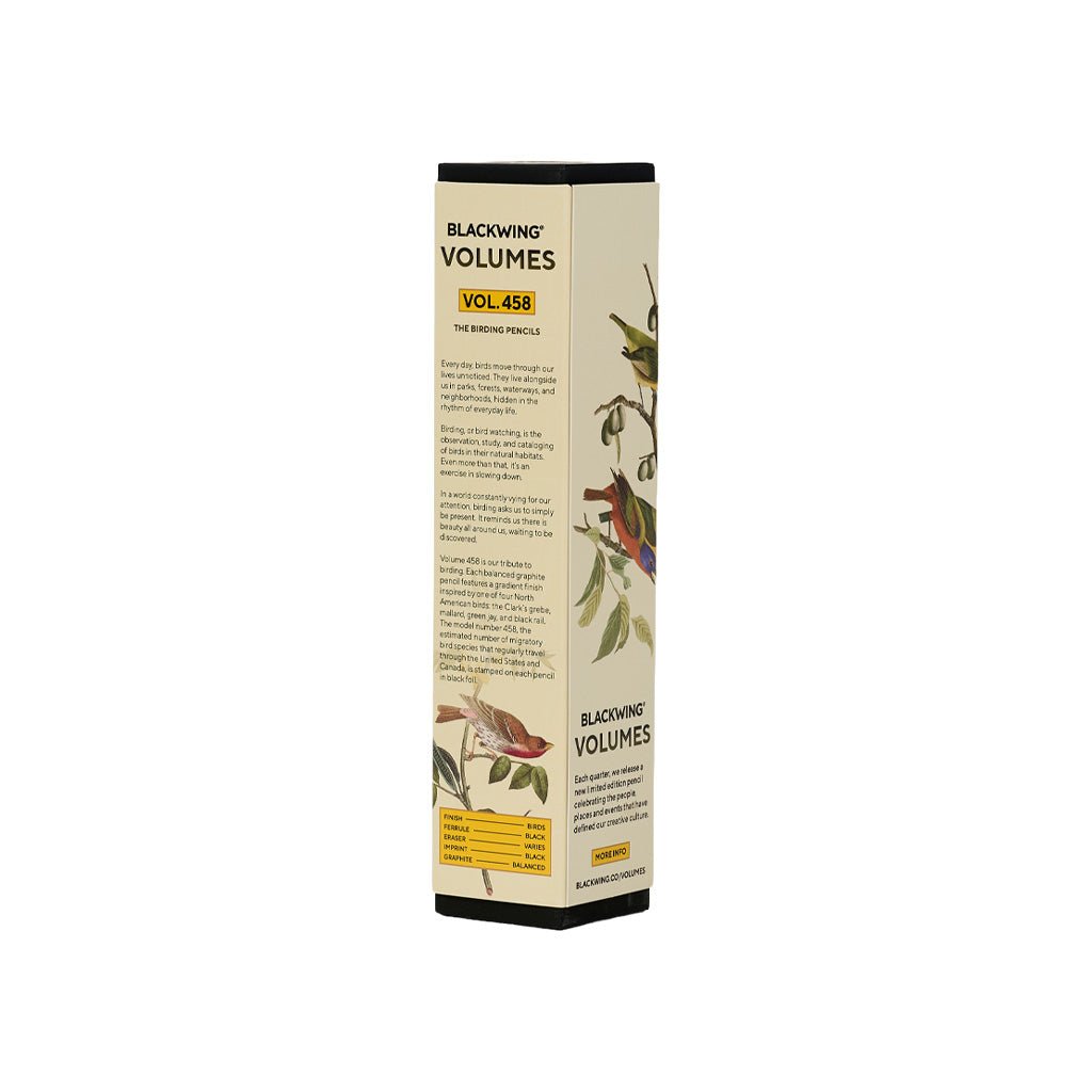 Box of Blackwing volume 458 pencils with bird designs on white background