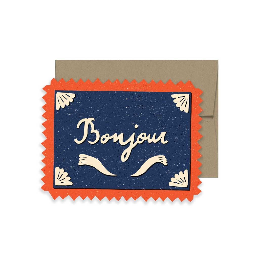 Greeting card with the text Bonjour on a blue background