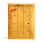 A yellow-orange inter-department delivery envelope with printed columns and lines, stamped with 'Department of Reviews' in red.