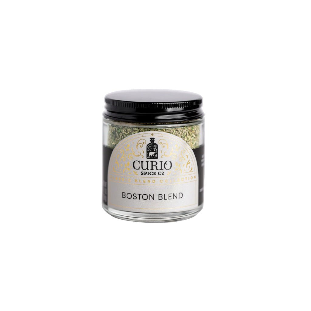 Jar of 'Boston Blend' spice mix from Curio Spice Co on a white background